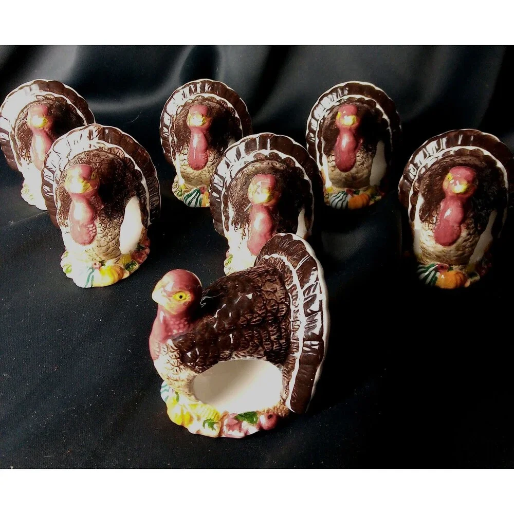 CERAMIC TURKEY FABRIC NAPKIN HOLDERS SET OF 7
